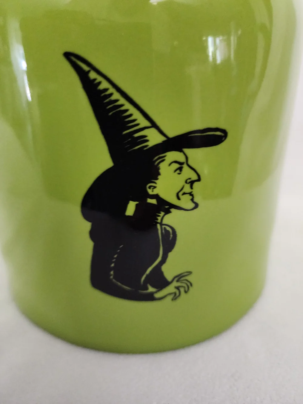 Halloween Green Ceramic Treat Jar with Black Witch Hat Lid Wizard Of Oz